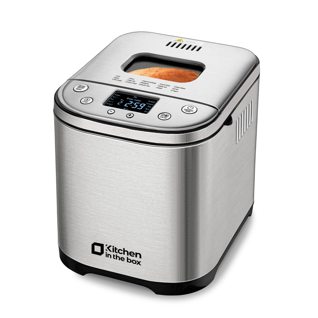 Kitchen in the box 15-in-1 Bread Machine, 2LB Stainless Steel Automatic Bread Maker with Recipes-Silver