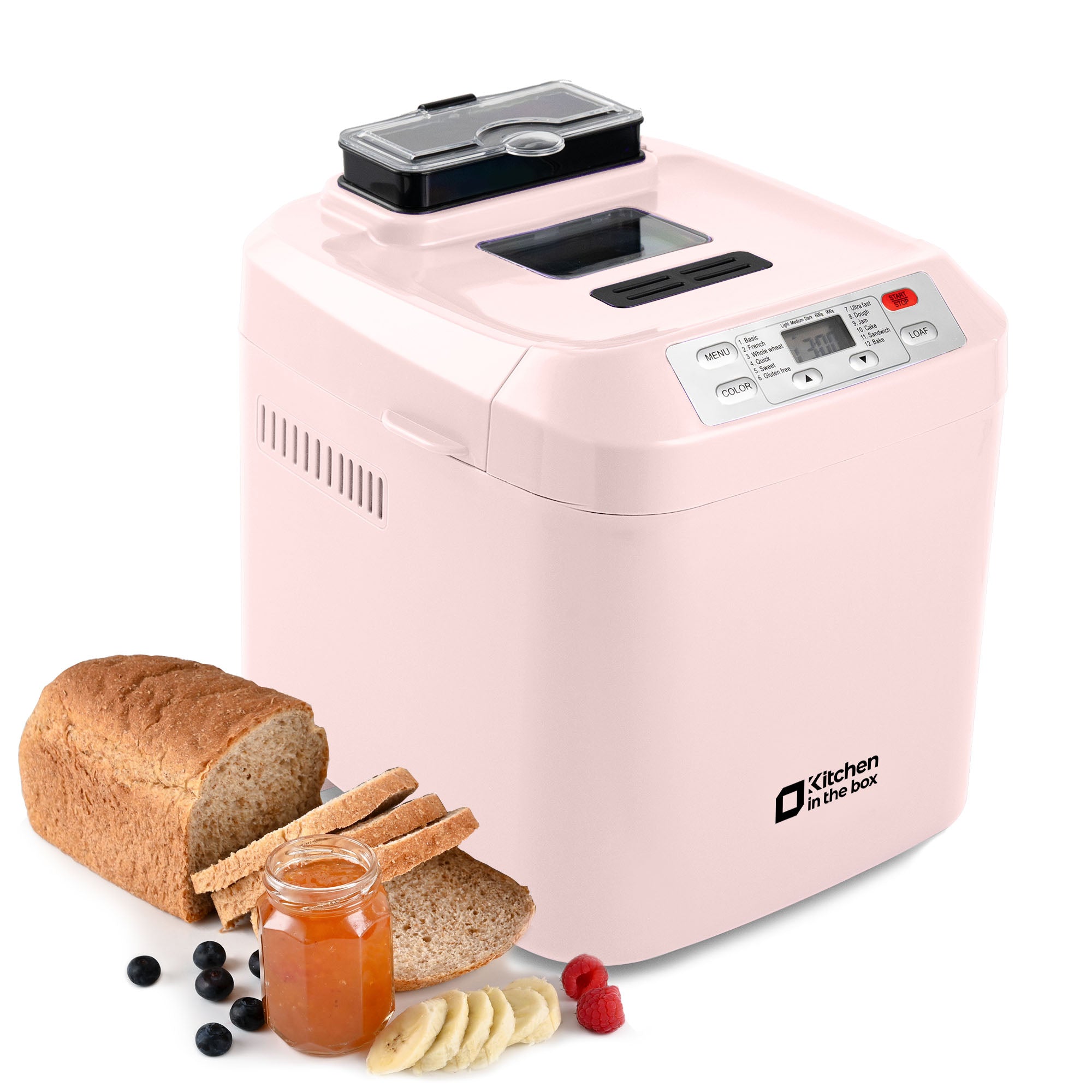 Kitchen in the Box 2lb Bread Maker with Auto Fruit Nut Dispenser, 12-in-1 Gluten-Free Bread Machine, 13H Delay Timer, Nonstick Pan, Keep Warm, White