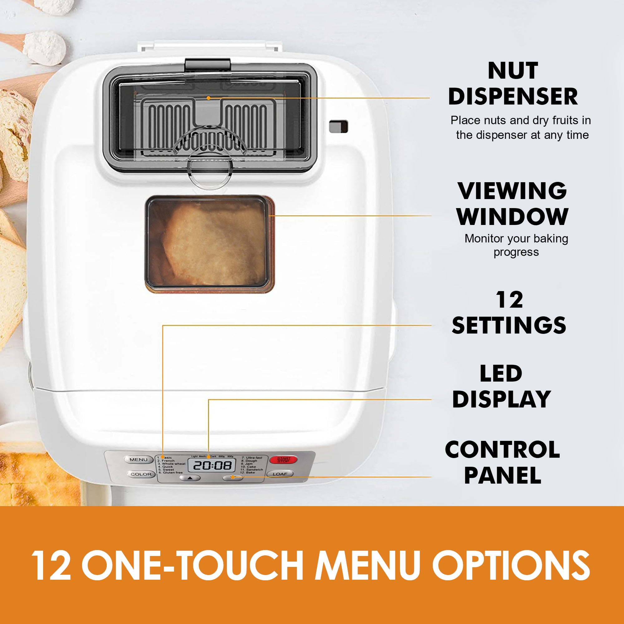 Kitchen in the Box 2lb Bread Maker with Auto Fruit Nut Dispenser, 12-in-1 Gluten-Free Bread Machine, 13H Delay Timer, Nonstick Pan, Keep Warm, White